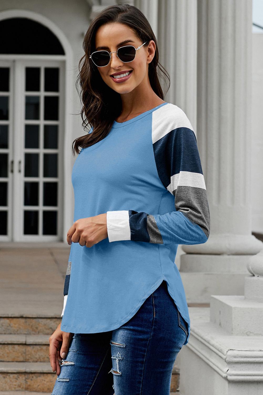 Womens Color Block Long Sleeves Blue Pullover Top