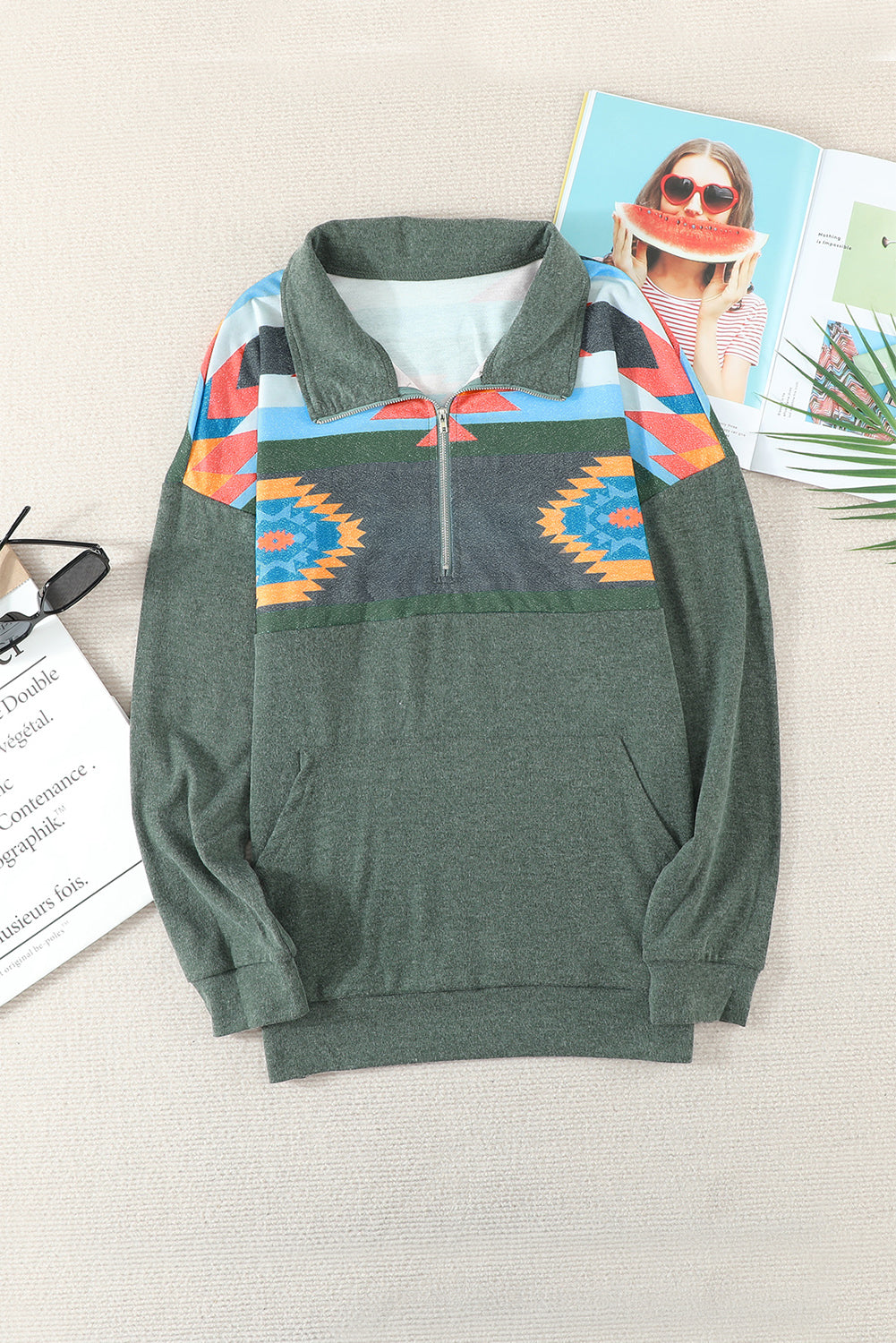 Women Aztec Print Atop Green Pullover Sweatshirt