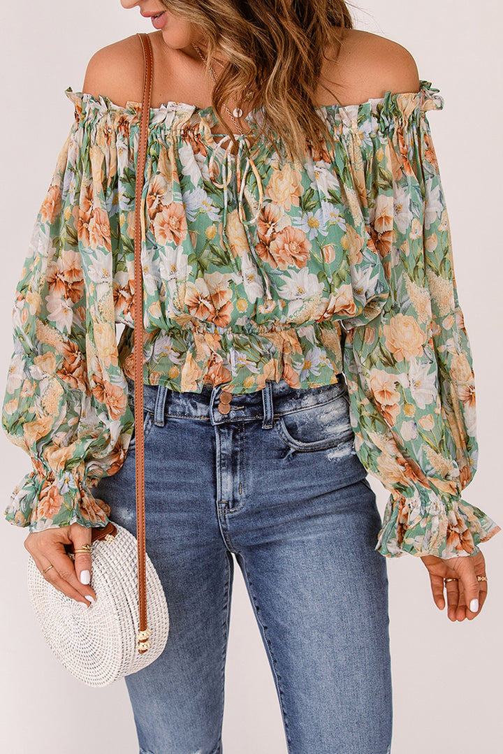 Chic Green Floral Print Off the Shoulder Blouse