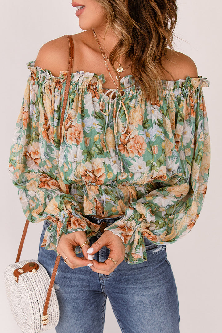 Chic Green Floral Print Off the Shoulder Blouse