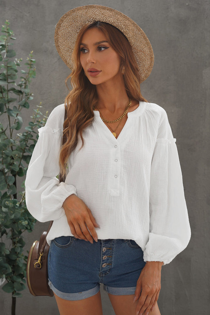 Comfy White Casual Balloon Sleeve Crinkled Top