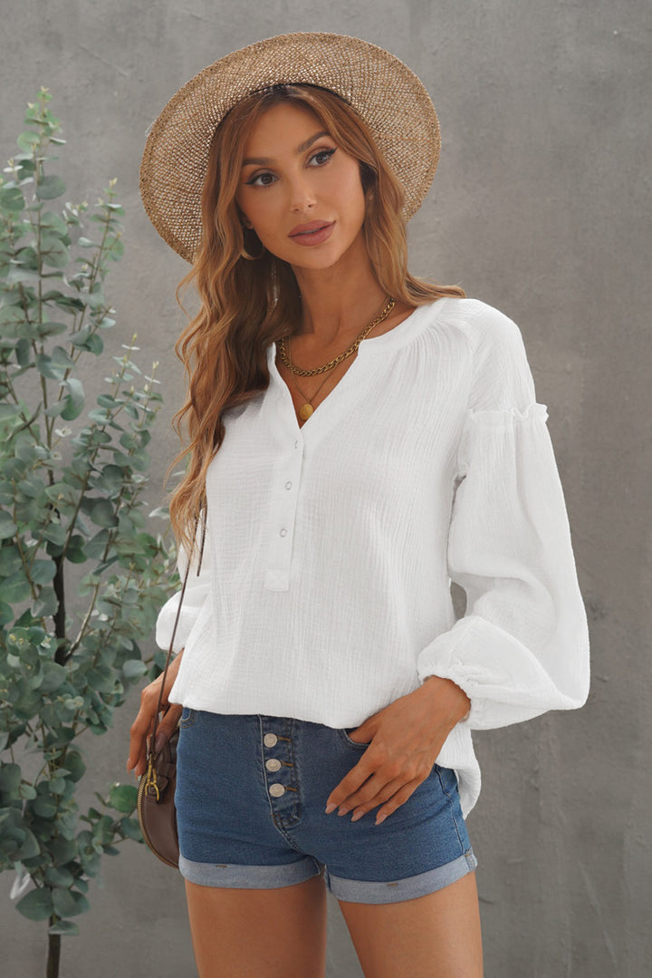 Comfy White Casual Balloon Sleeve Crinkled Top