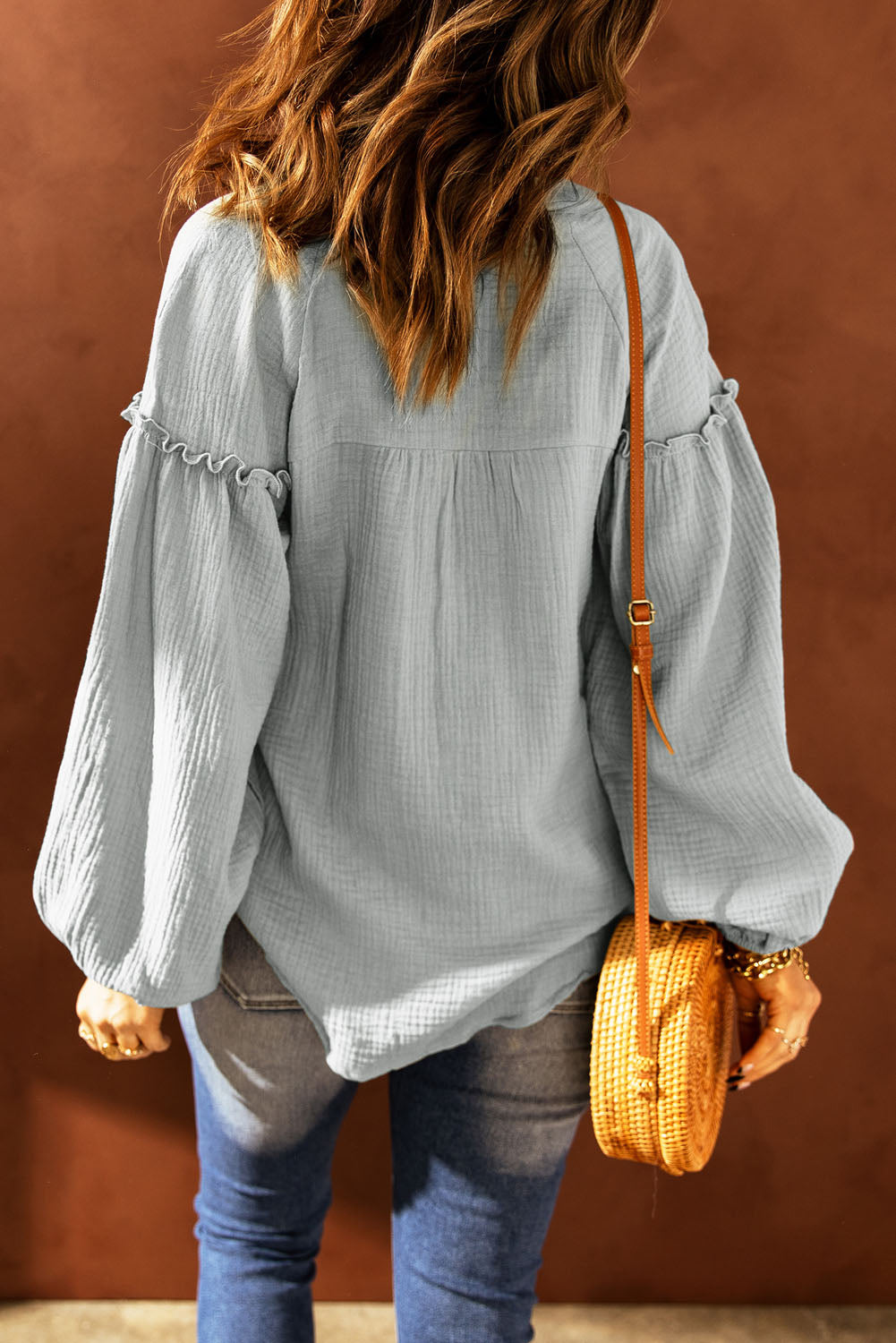 Gray Casual Balloon Sleeve Crinkled Blouse