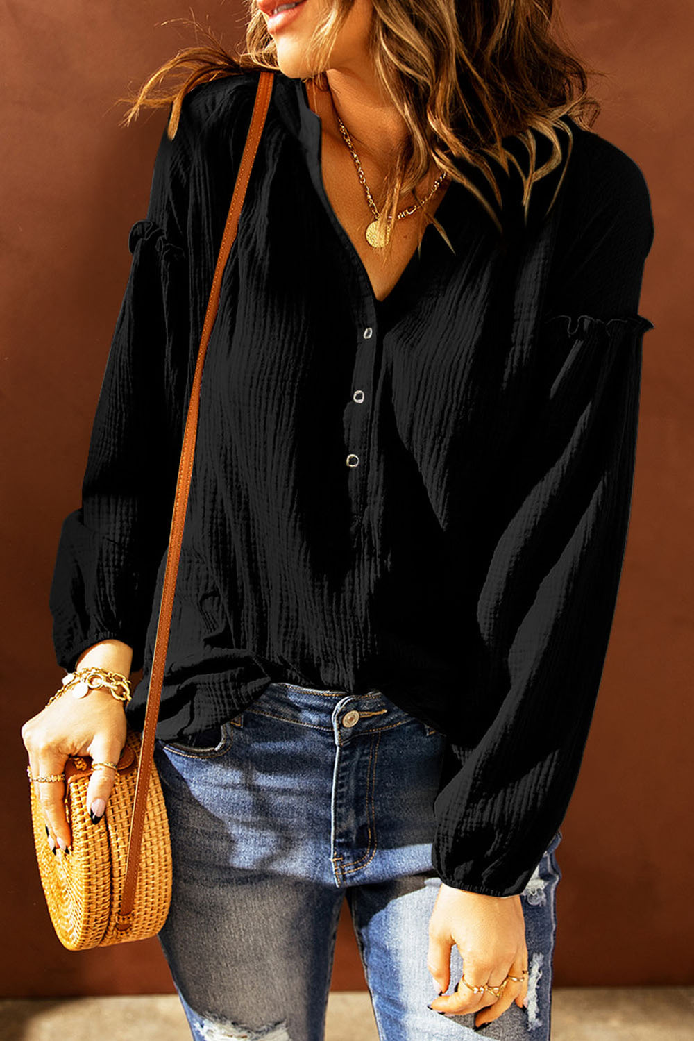 Black Casual Balloon Sleeve Crinkled Blouse Top