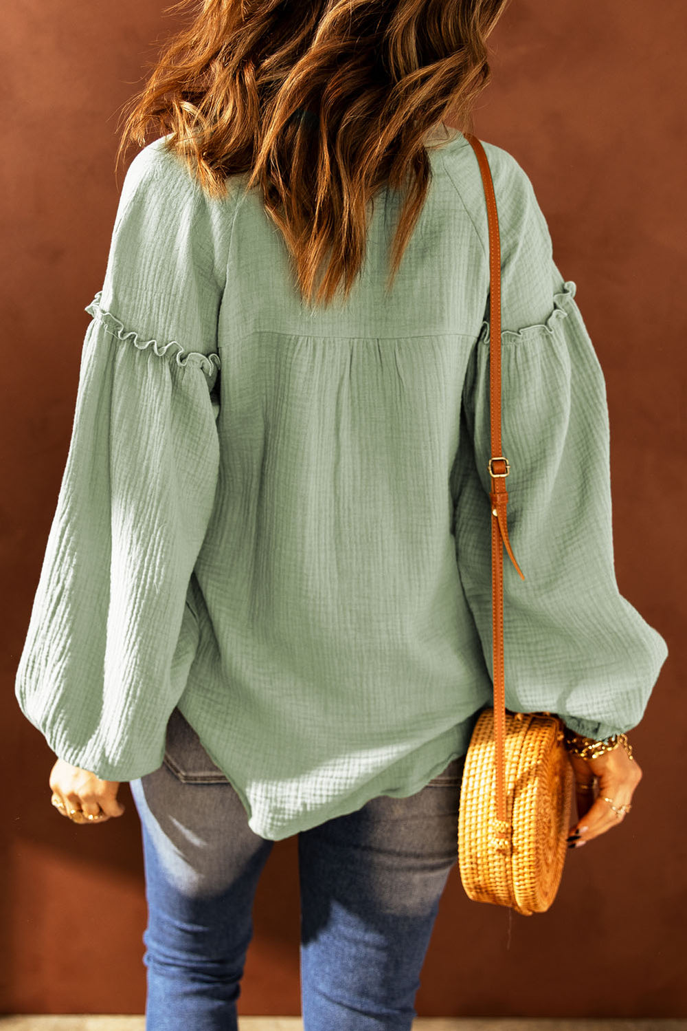 Green Casual Balloon Sleeve Crinkled Blouse Top