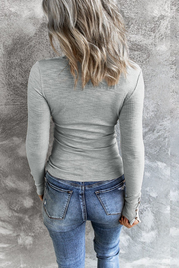 Gray Crewneck Buttons Ribbed Knit Long Sleeve Top
