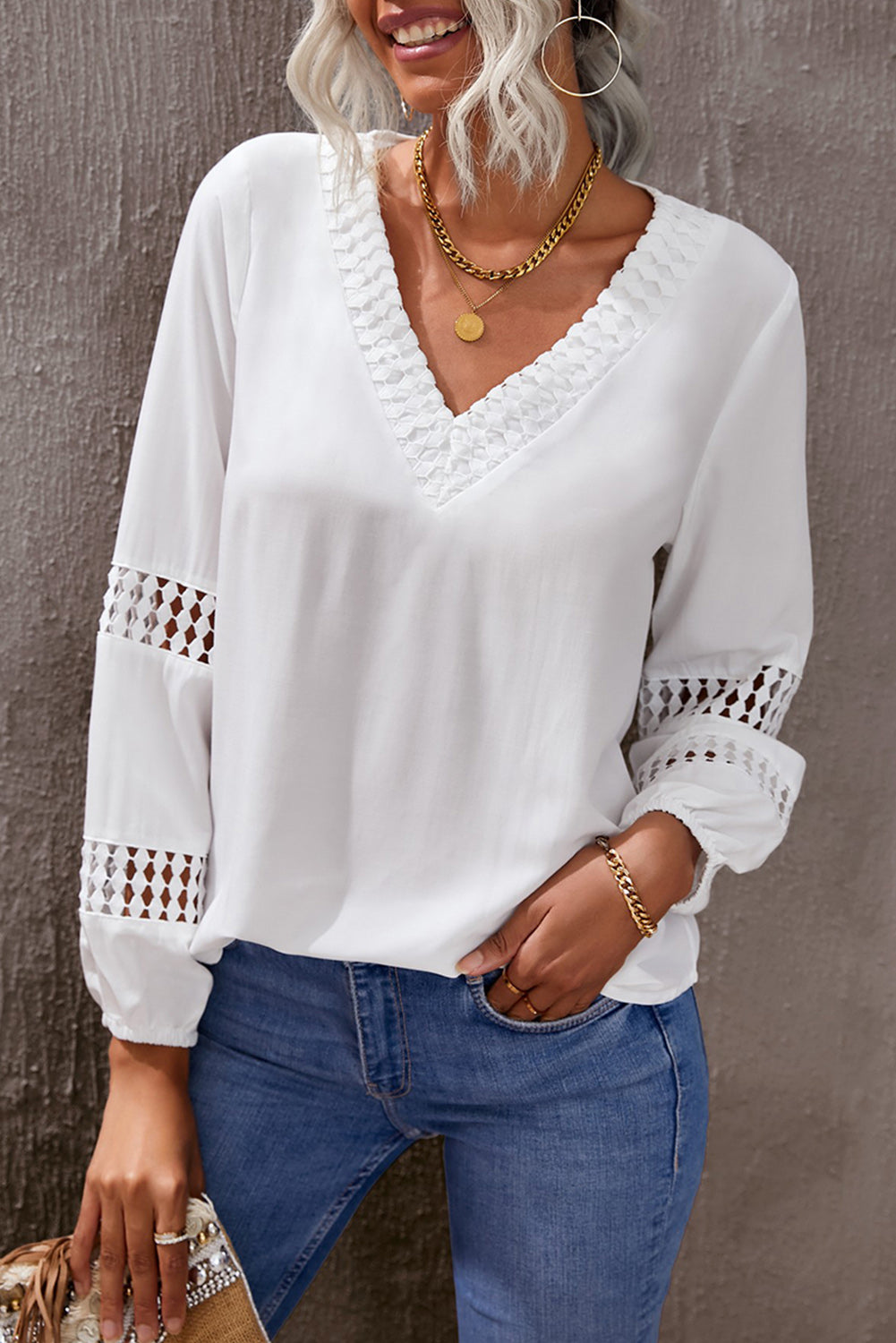 White Long Sleeve V Neck Crochet Hollow-out Blouse, Shop for cheap White Long Sleeve V Neck Crochet Hollow-out Blouse online? Buy at Modeshe.com on sale!