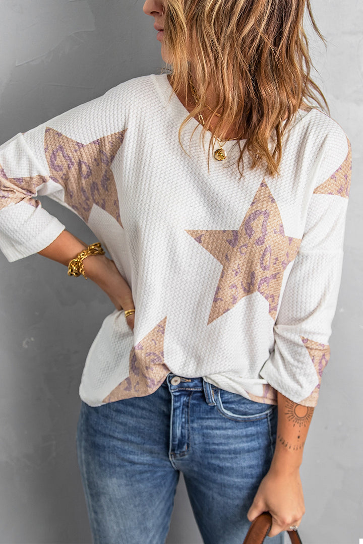 White Leopard Star Waffle Knit Long Sleeve Top