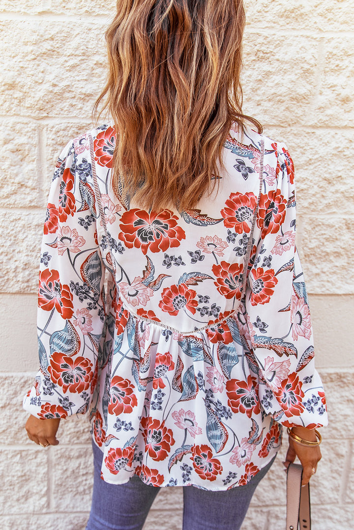 Red Split Neck Bubble Sleeve Floral Blouse