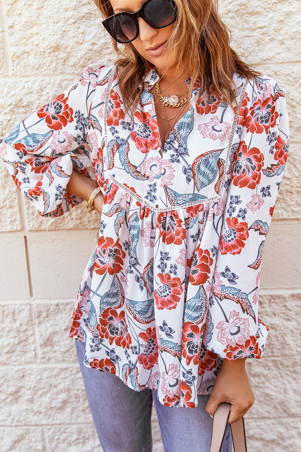 Red Split Neck Bubble Sleeve Floral Blouse