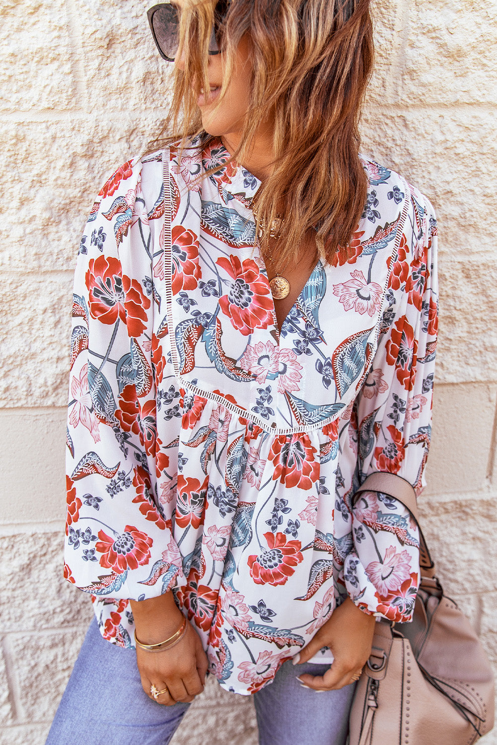 Red Split Neck Bubble Sleeve Floral Blouse