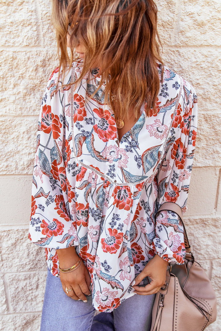 Red Split Neck Bubble Sleeve Floral Blouse