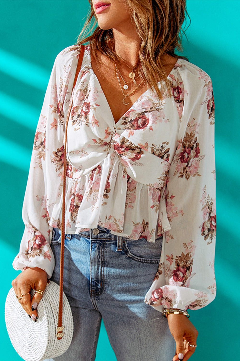 Chic Beige V Neck Balloon Sleeve Twist Front Floral Blouse