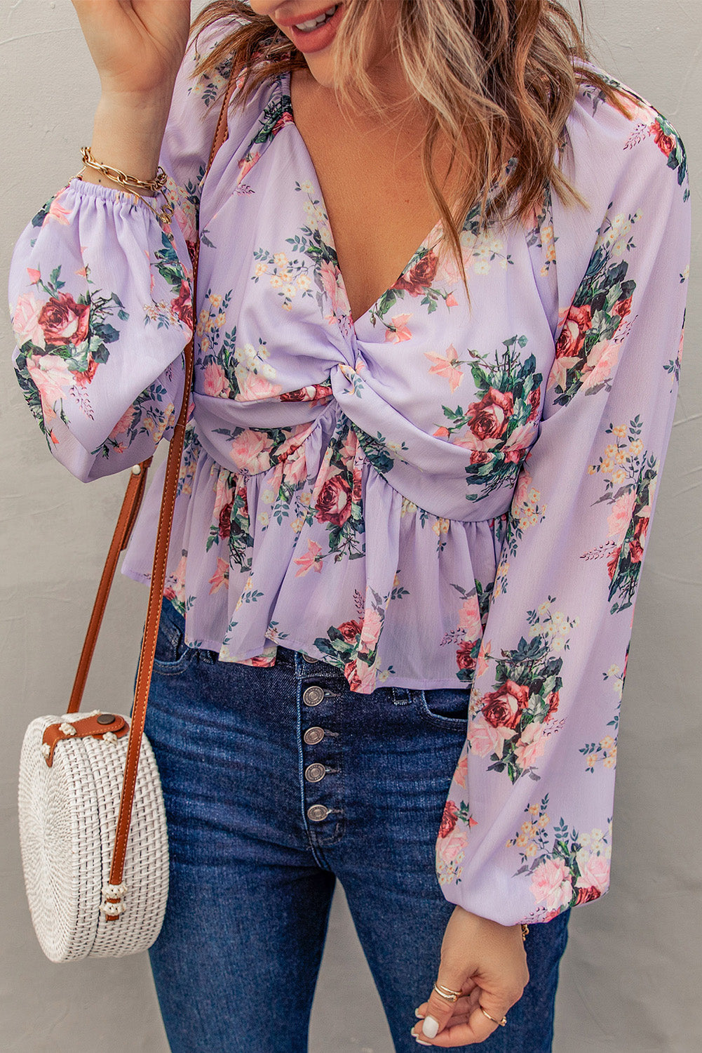 Chic V Neck Balloon Sleeve Twist Front Floral Blouse