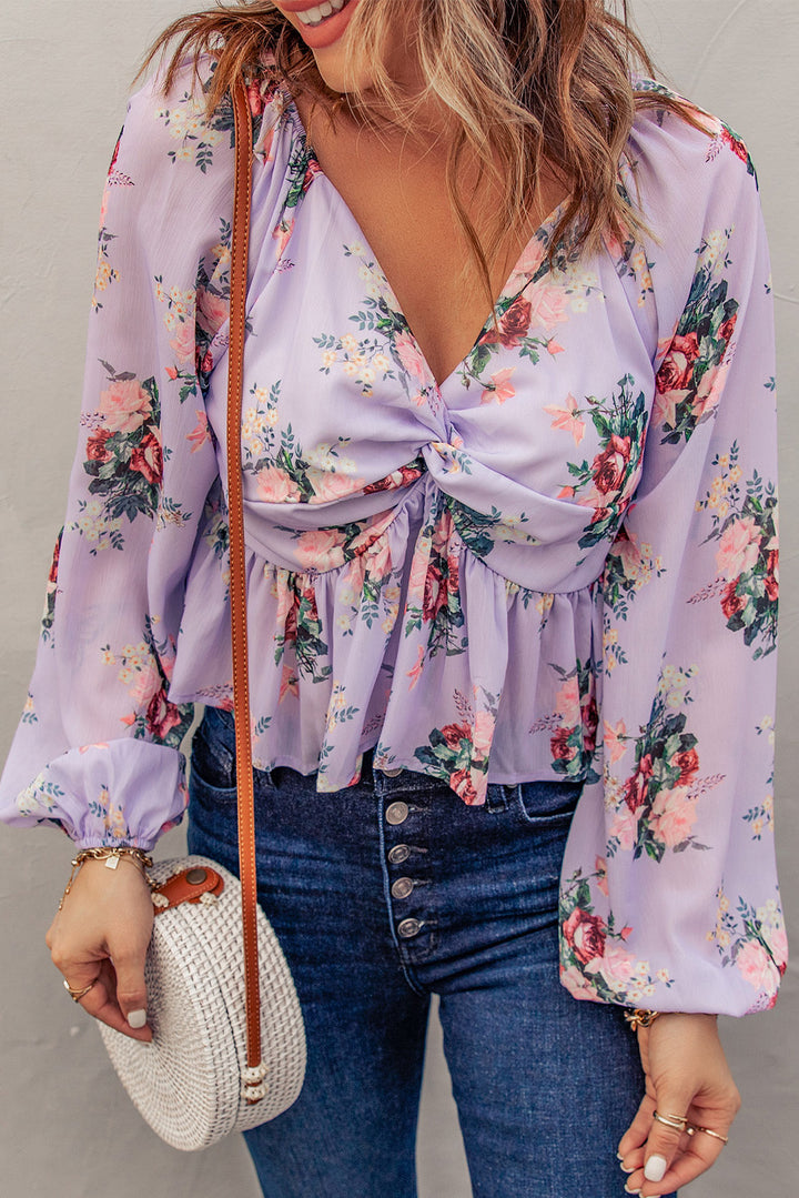 Chic V Neck Balloon Sleeve Twist Front Floral Blouse