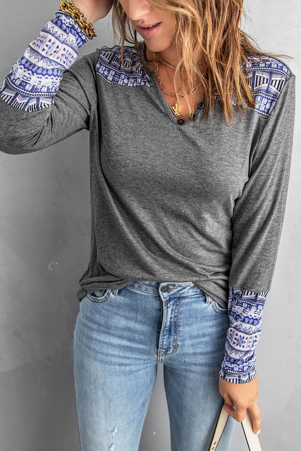 Casual Gray Aztec Patch Button V Neck Top
