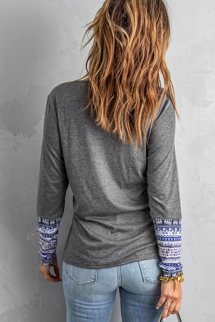Casual Gray Aztec Patch Button V Neck Top
