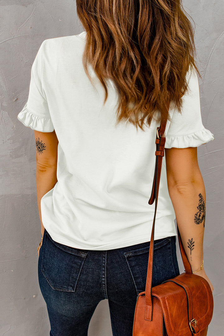 Comfy White Solid Ruffled Short Sleeve T-shirt