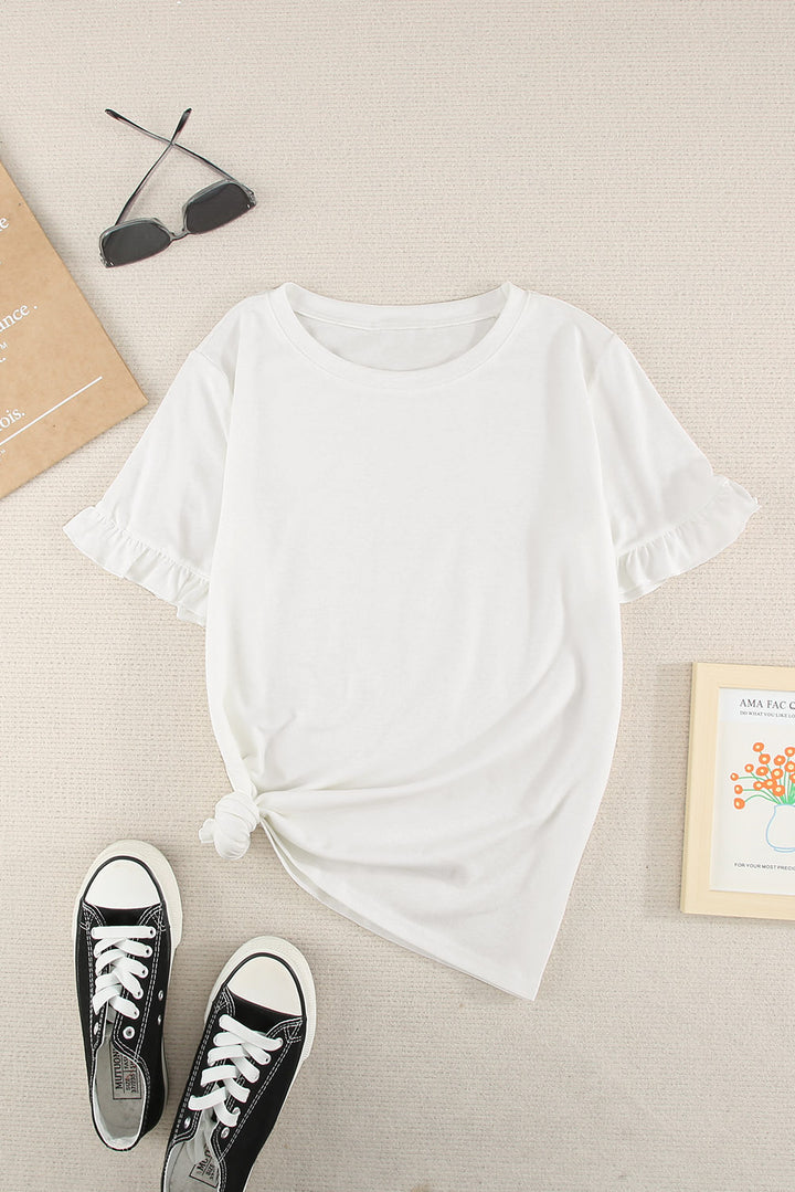 Comfy White Solid Ruffled Short Sleeve T-shirt