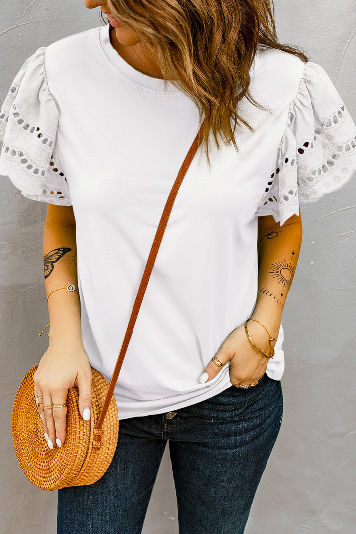 White Hollow Out Ruffle Short Sleeve T-shirt