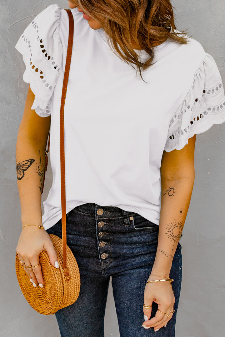 White Hollow Out Ruffle Short Sleeve T-shirt