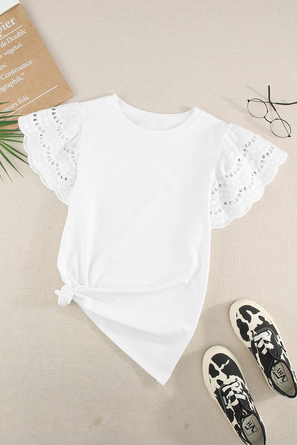 White Hollow Out Ruffle Short Sleeve T-shirt