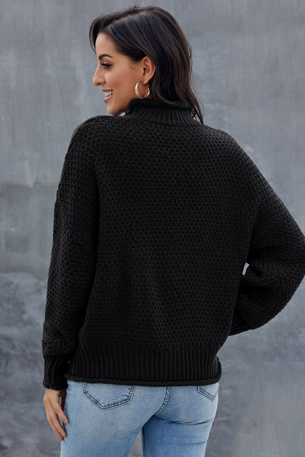 Black Chunky Batwing Long Sleeve Turtleneck Sweater