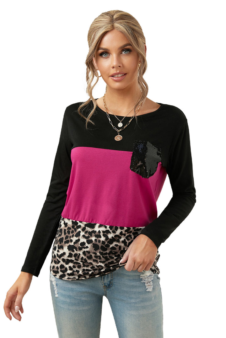 Black Rosy Leopard Print Color Block Sequin Pocket Top