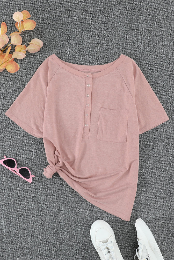 Pink Short Sleeve Snaps Pocketed Casual Tee