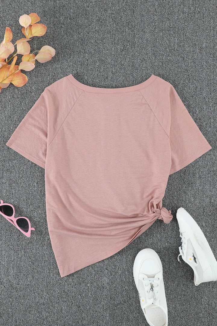 Pink Short Sleeve Snaps Pocketed Casual Tee