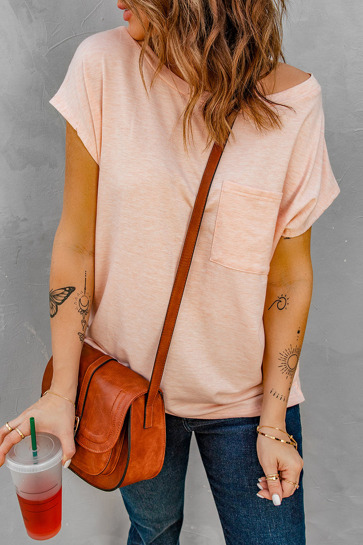 Pink Pocketed Short Sleeve Tee with Side Slits