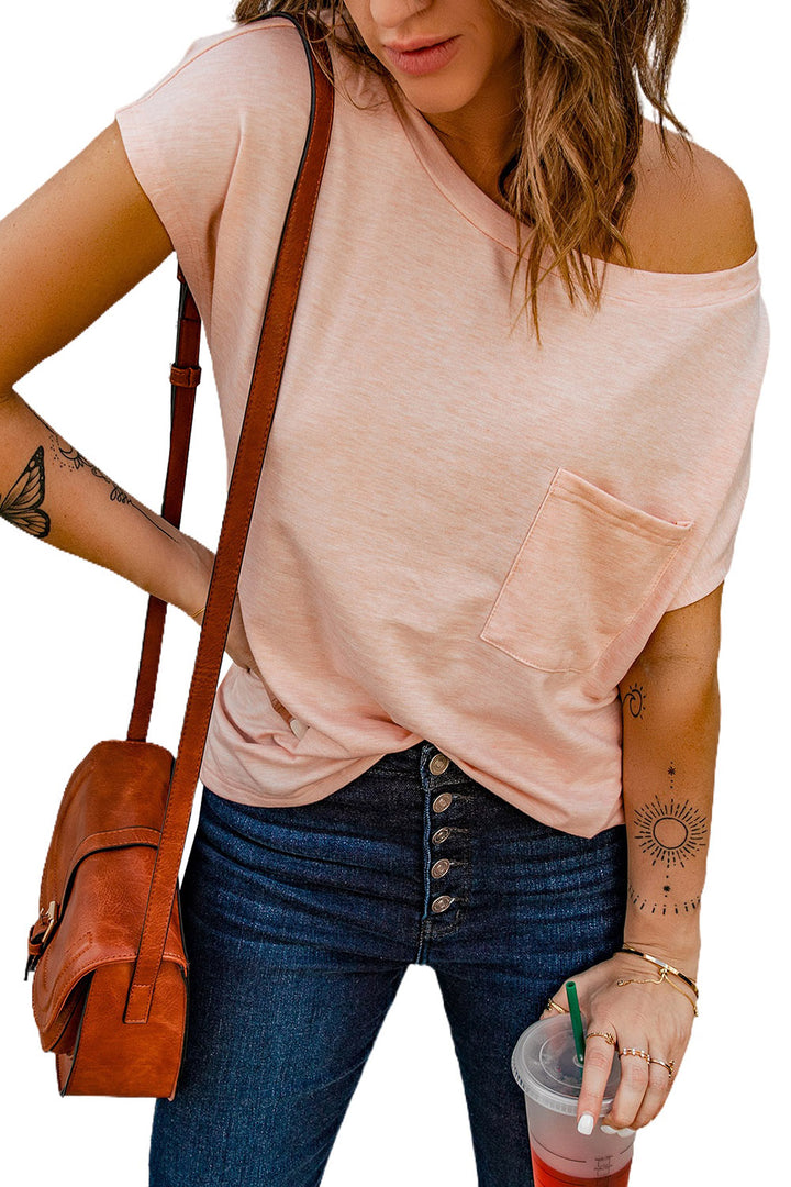 Pink Pocketed Short Sleeve Tee with Side Slits