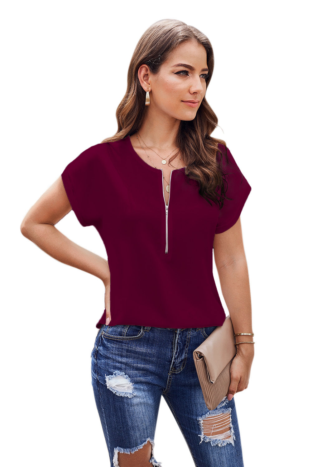 Women Red Short Sleeve Zip To It Blouse
