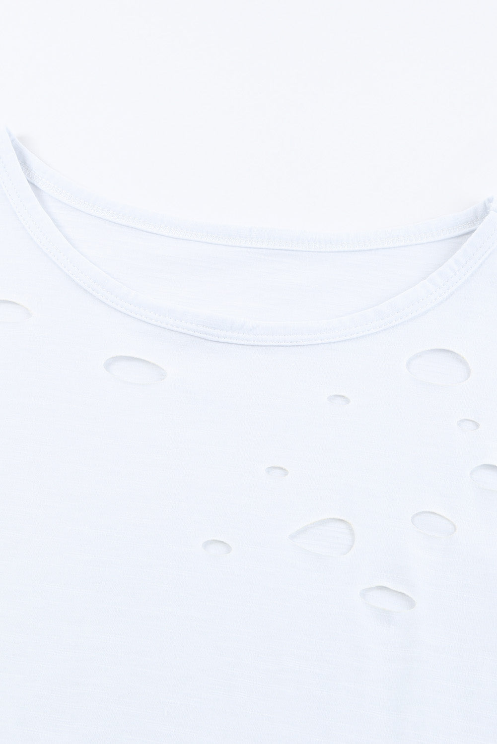 Whitec Holes Crew Neck Cotton Mixed Casual Short Sleeve T-shirt
