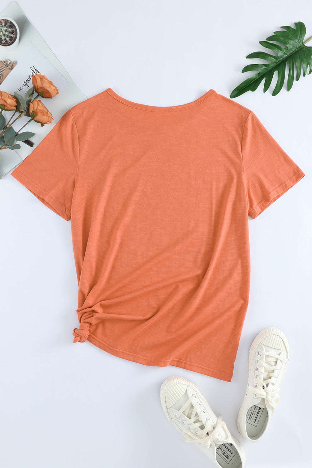 Orange Holes Crew Neck Cotton Mixed Short Sleeve T-shirt