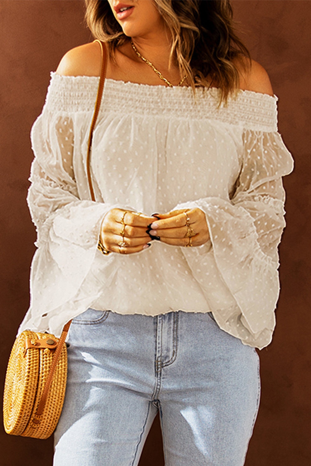 Apricot Swiss Dot Off The Shoulder Top