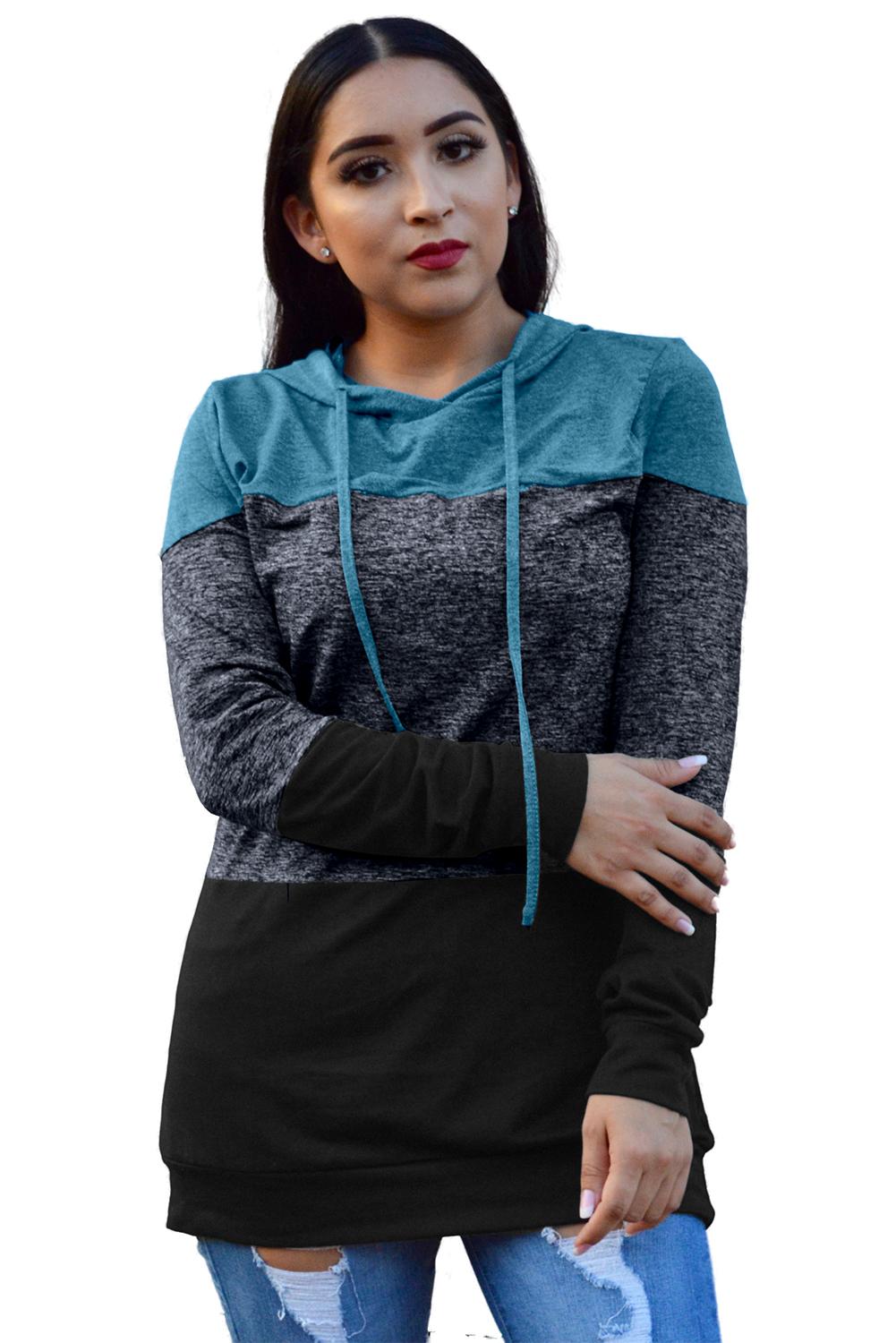 Sky Blue Black Color Block Long Sleeve Pullover Knit Hoodie