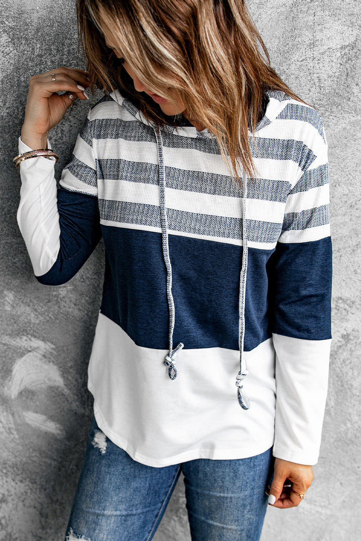 White Color Block Classic Pullover Drawstring Hoodie For Women