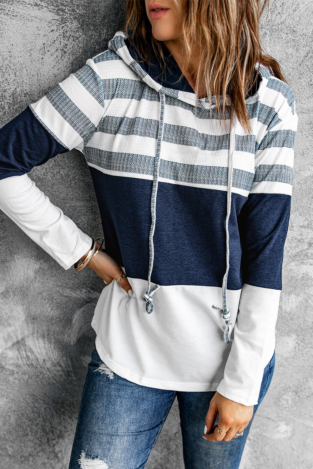 White Color Block Classic Pullover Drawstring Hoodie For Women