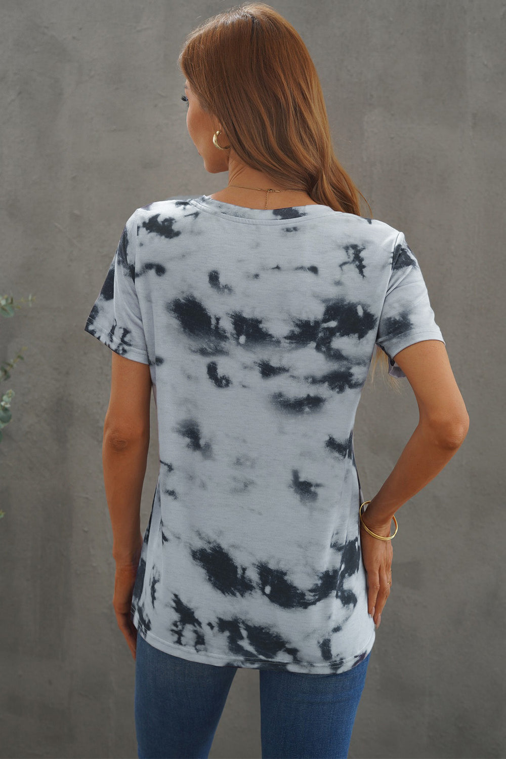 Women's Casual Gray Short Sleeve Tie-dye V Neck T-shirt