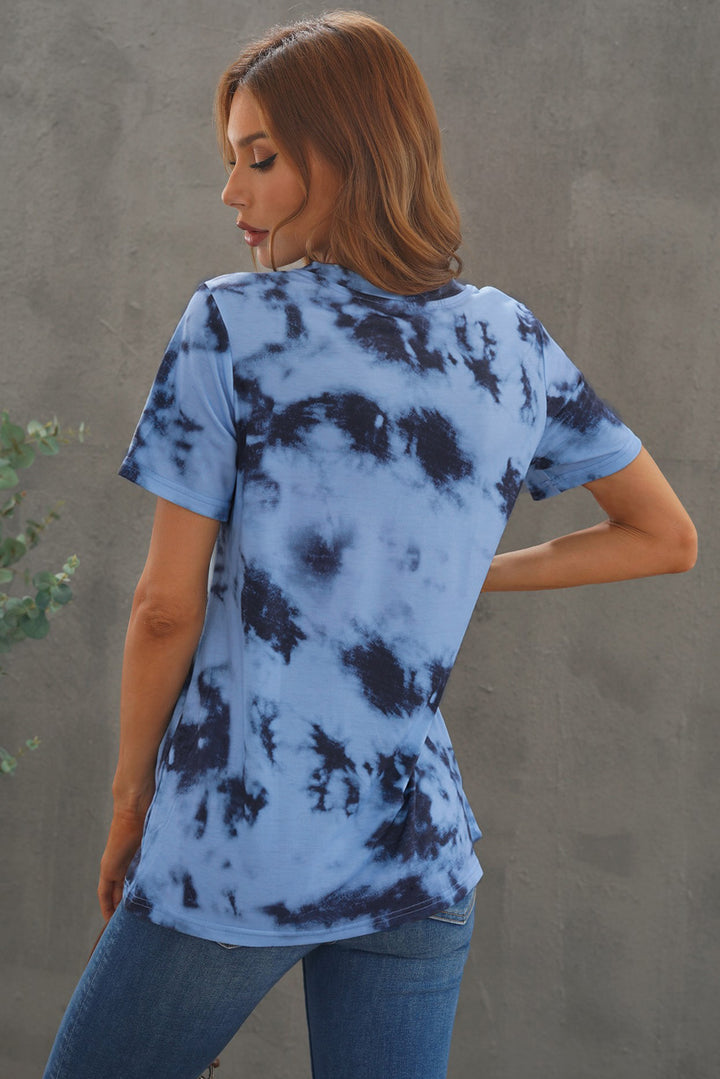 Casual Womens Blue Tie-dye V Neck T-shirt