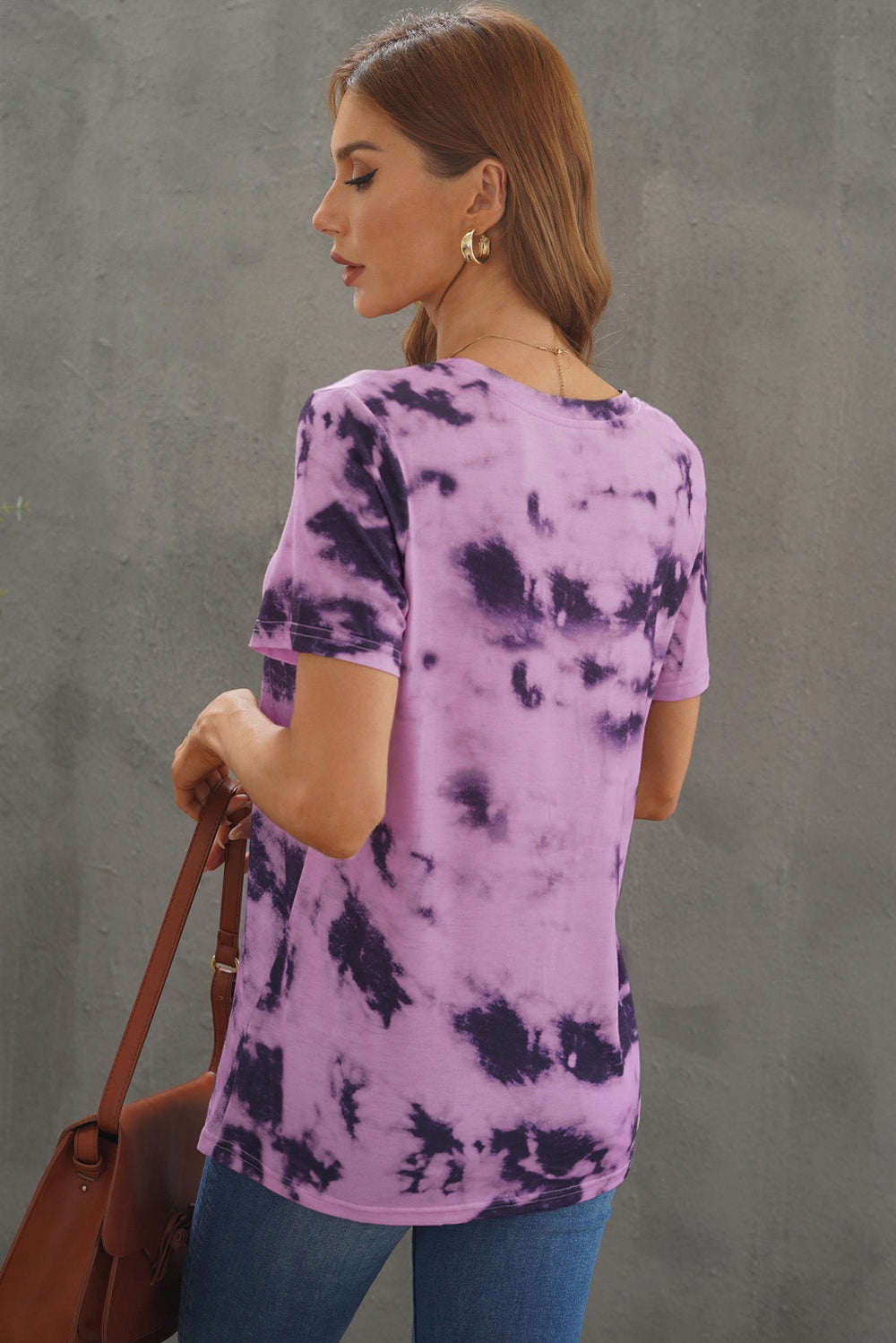 Women Purple Short Sleeve Tie-dye V Neck T-shirt