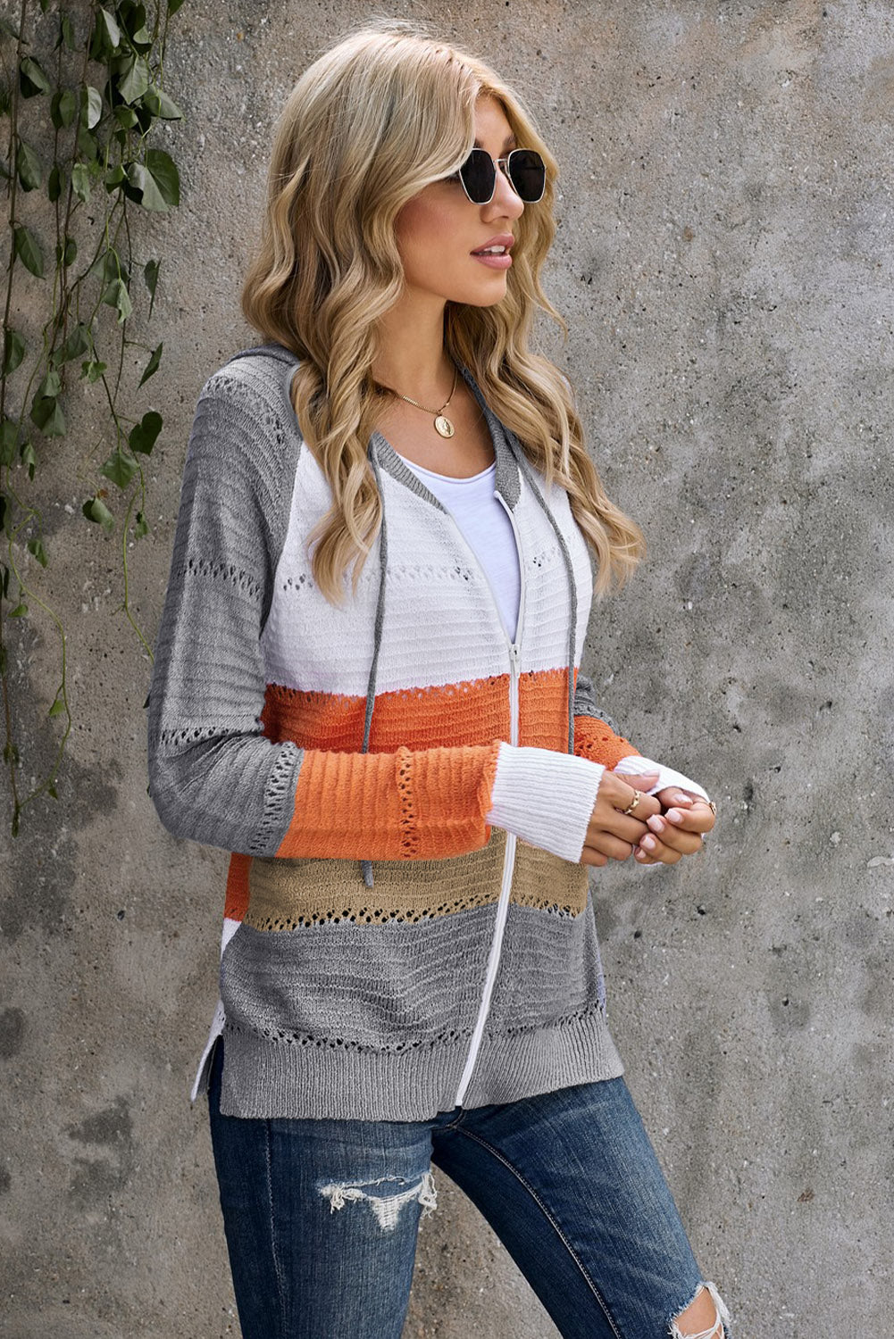 Womens Zipped Front Gray Colorblock Hollow-out Knit Hoodie