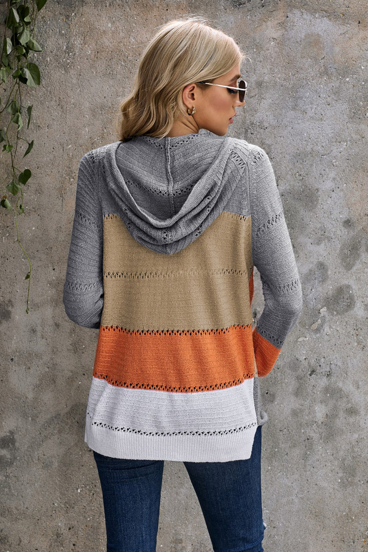 Womens Zipped Front Gray Colorblock Hollow-out Knit Hoodie