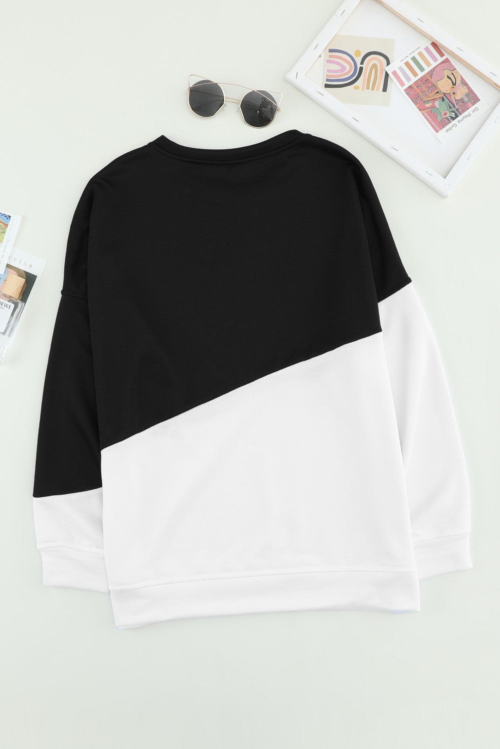 Black White Patchwork Dropped Shoulder Sleeve Sweatshirt
