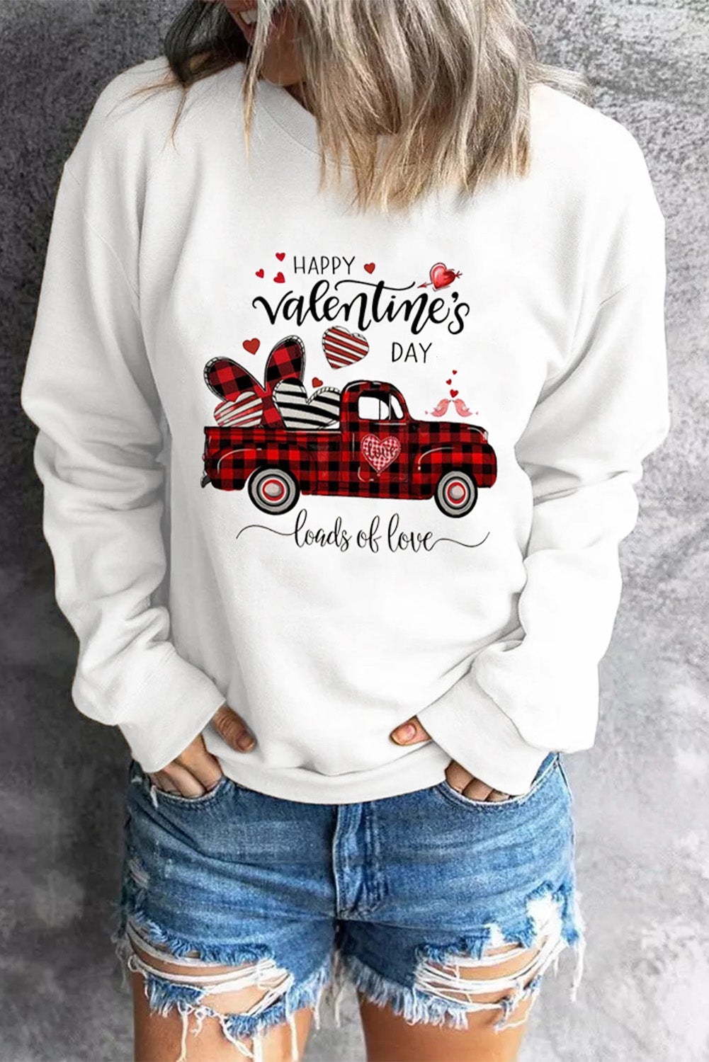 HAPPY Valentine's DAY Loads of Love Plaid Truck Print Sweatshirt