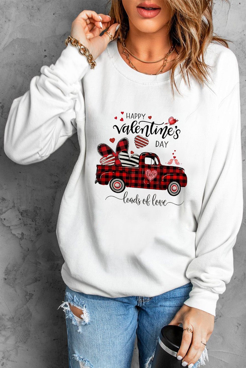 HAPPY Valentine's DAY Loads of Love Plaid Truck Print SweatshirtHAPPY Valentine's DAY Loads of Love Plaid Truck Print Sweatshirt