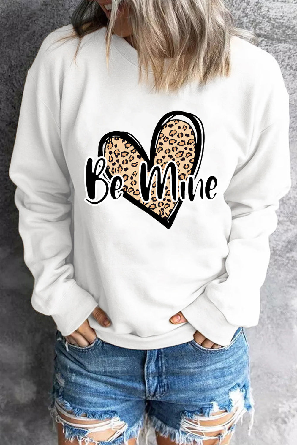 White Be Mine Leopard Heart Print Long Sleeve Pullover Sweatshirt