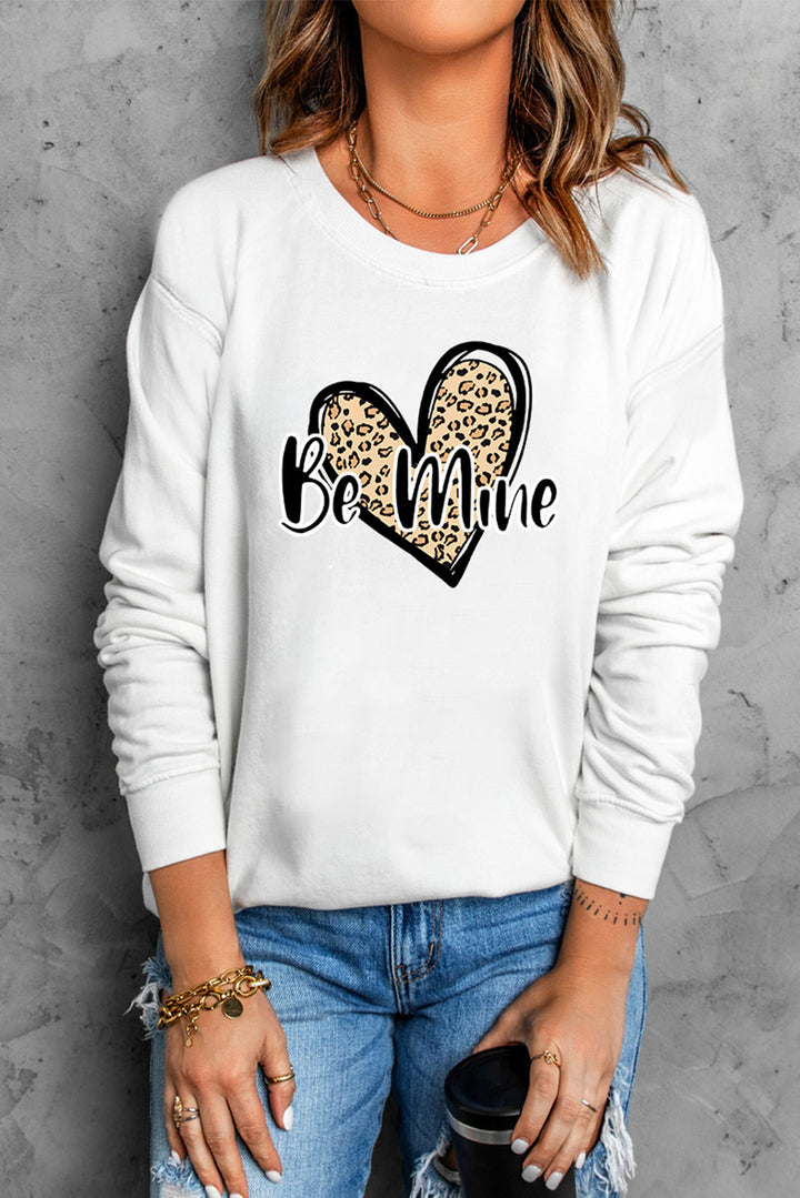 White Be Mine Leopard Heart Print Long Sleeve Pullover Sweatshirt