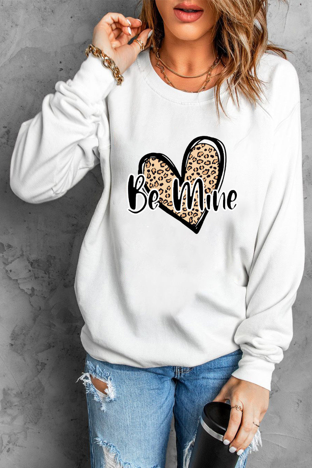 White Be Mine Leopard Heart Print Long Sleeve Pullover Sweatshirt
